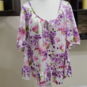 Ruby Rox White Purple & Pink Floral Ruffled Hem Satin Top